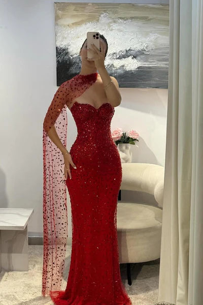 Vintage Red Glittering Beaded Evening Gown Sheath Strapless Sweetheart Party Dress Long Formal Dress TP4967