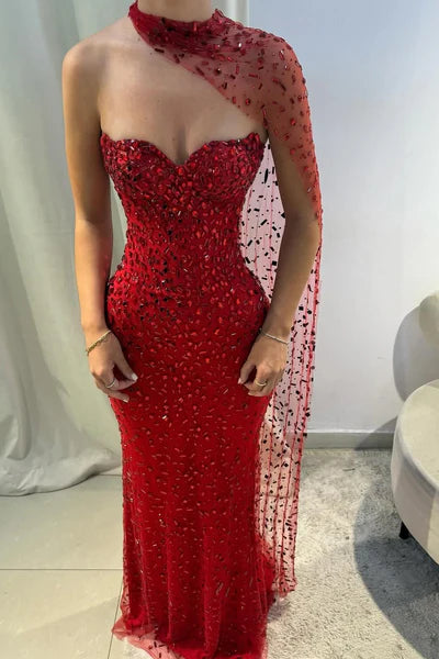 Vintage Red Glittering Beaded Evening Gown Sheath Strapless Sweetheart Party Dress Long Formal Dress TP4967