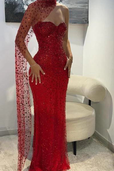 Vintage Red Glittering Beaded Evening Gown Sheath Strapless Sweetheart Party Dress Long Formal Dress TP4967