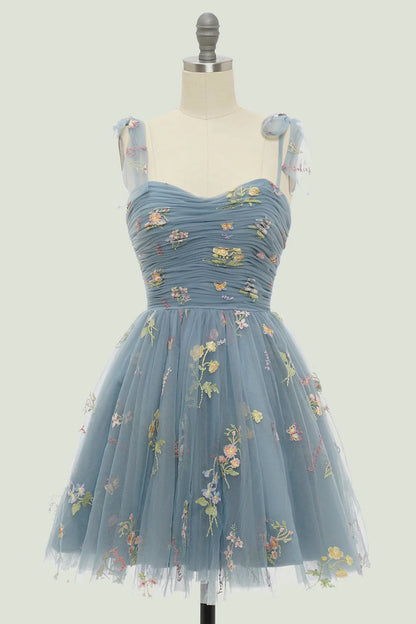 Charming Floral Embroidery Design A-line Tulle Spaghetti Strap Homecoming Dress TP3639