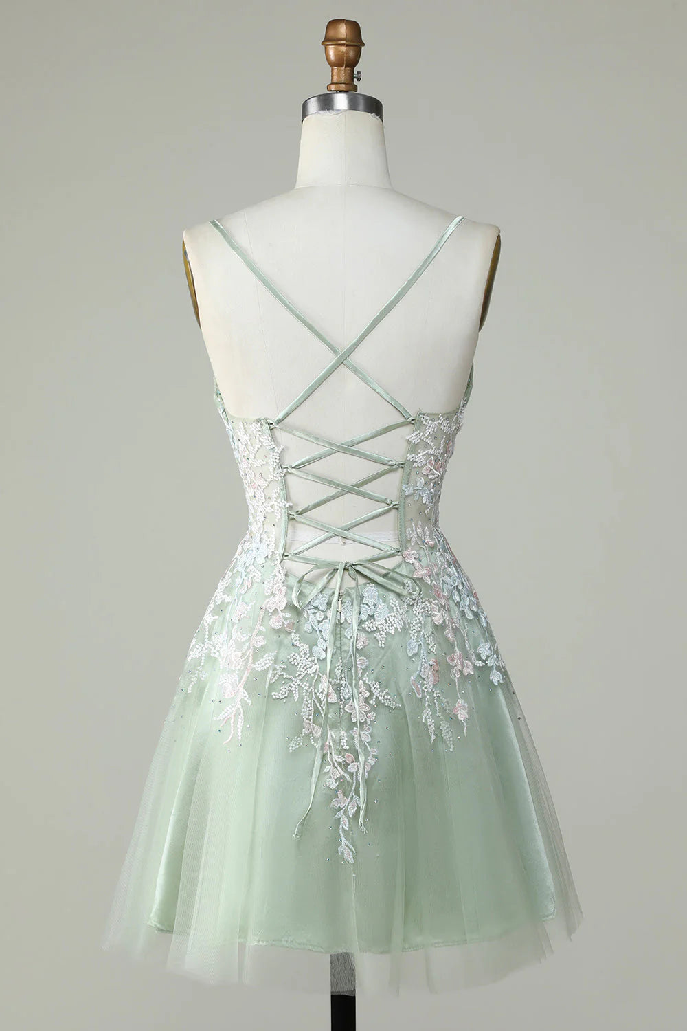 Gorgeous Light Green Appliqued Tulle Design A-line Spaghetti Strap Homecoming Dress TP3634