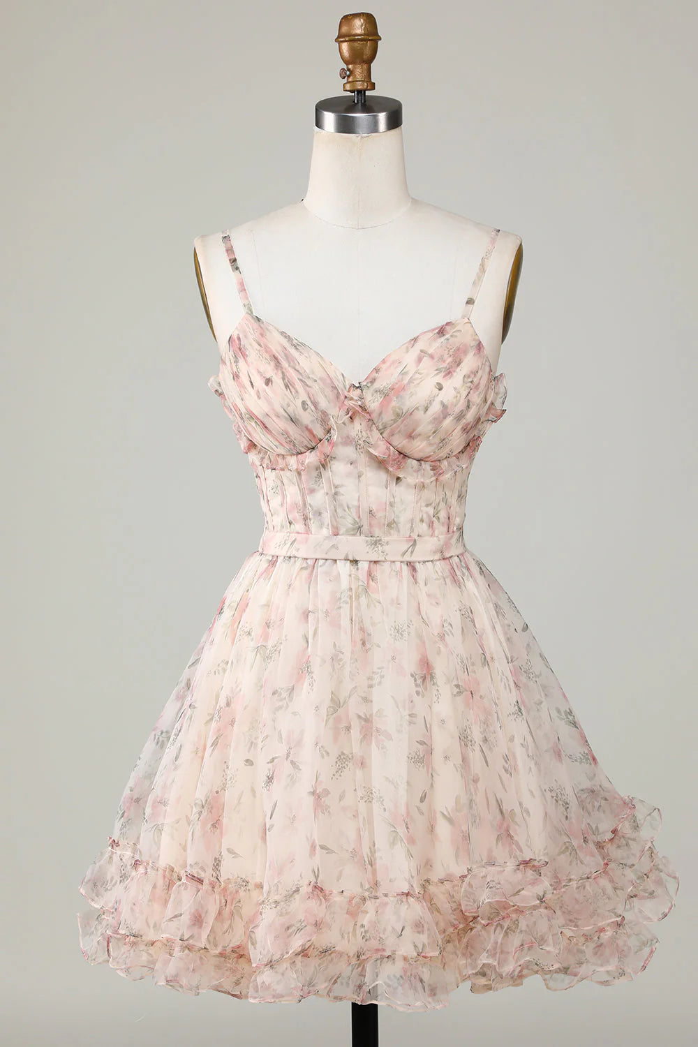 New Fashion Champagne Floral Design A-line Corset Spaghetti Strap Short Homecoming Dress TP3457