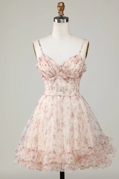 Charming Champagne Corset Floral Design A-line Spaghetti Strap Homecoming Dress TP3642