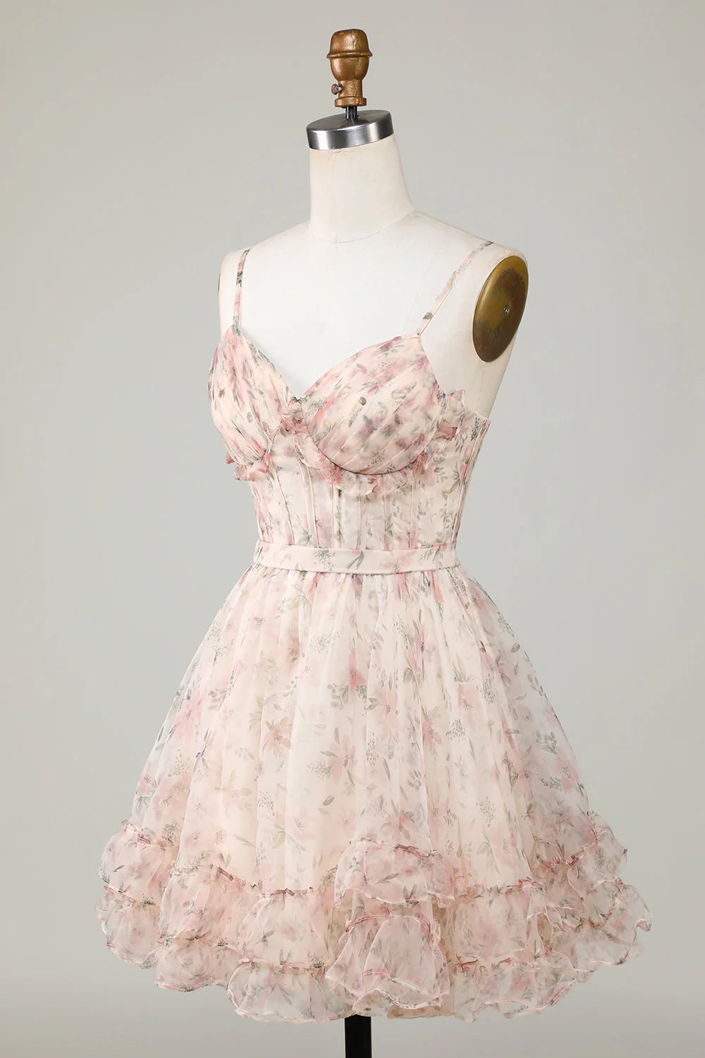 New Fashion Champagne Floral Design A-line Corset Spaghetti Strap Short Homecoming Dress TP3457