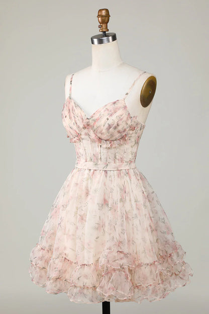 Charming Champagne Corset Floral Design A-line Spaghetti Strap Homecoming Dress TP3642
