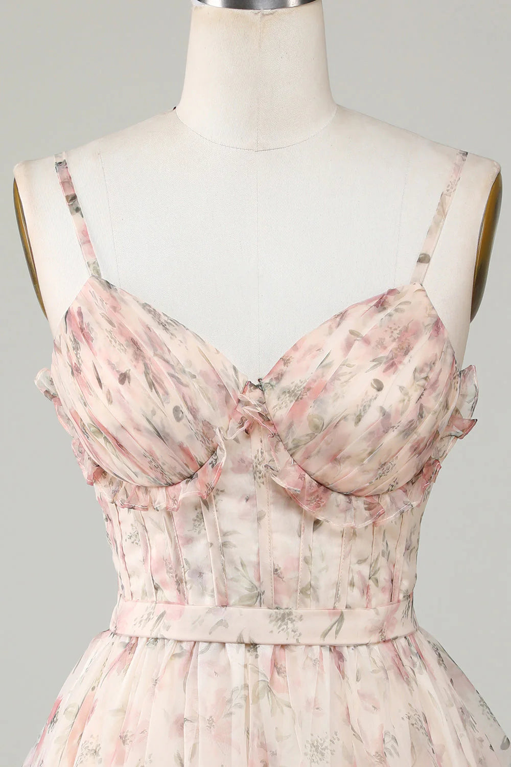 New Fashion Champagne Floral Design A-line Corset Spaghetti Strap Short Homecoming Dress TP3457