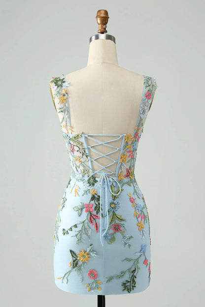 New Fashion Floral Embroidery Design A-line Strap Short Homecoming Dress TP3456