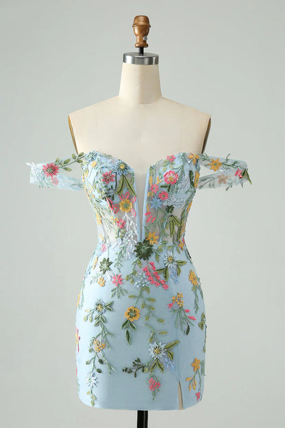 New Fashion Floral Embroidery Design A-line Strap Short Homecoming Dress TP3456