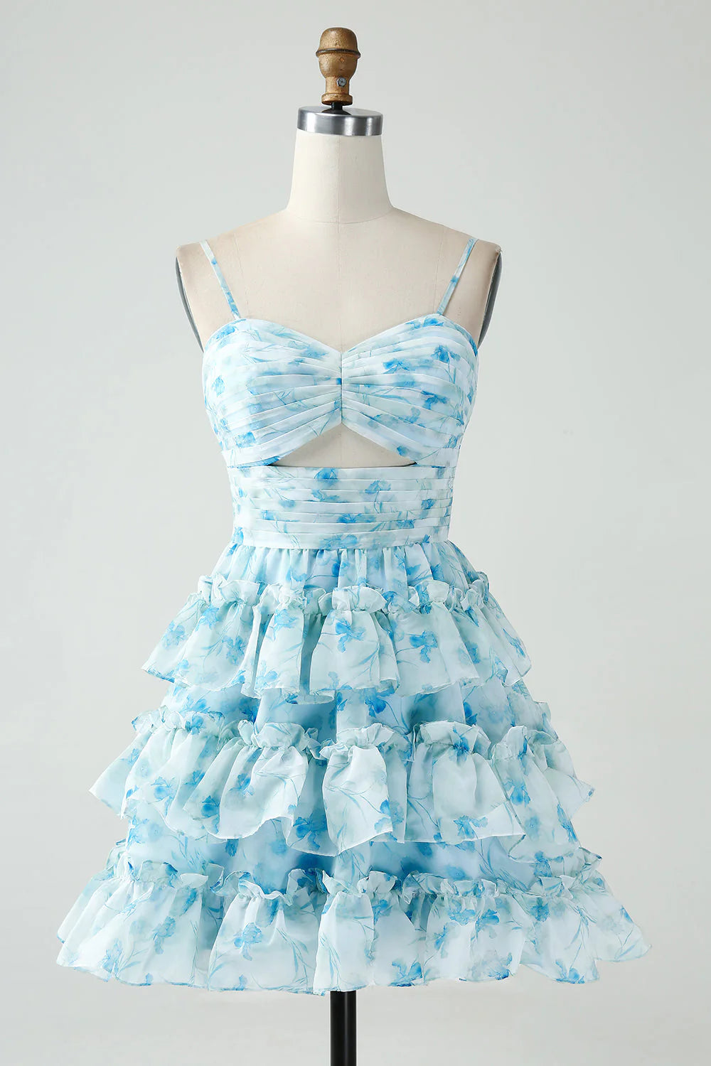 Vintage Light Blue Floral Design A-line Spaghetti Strap Tiered Homecoming Dress TP3455