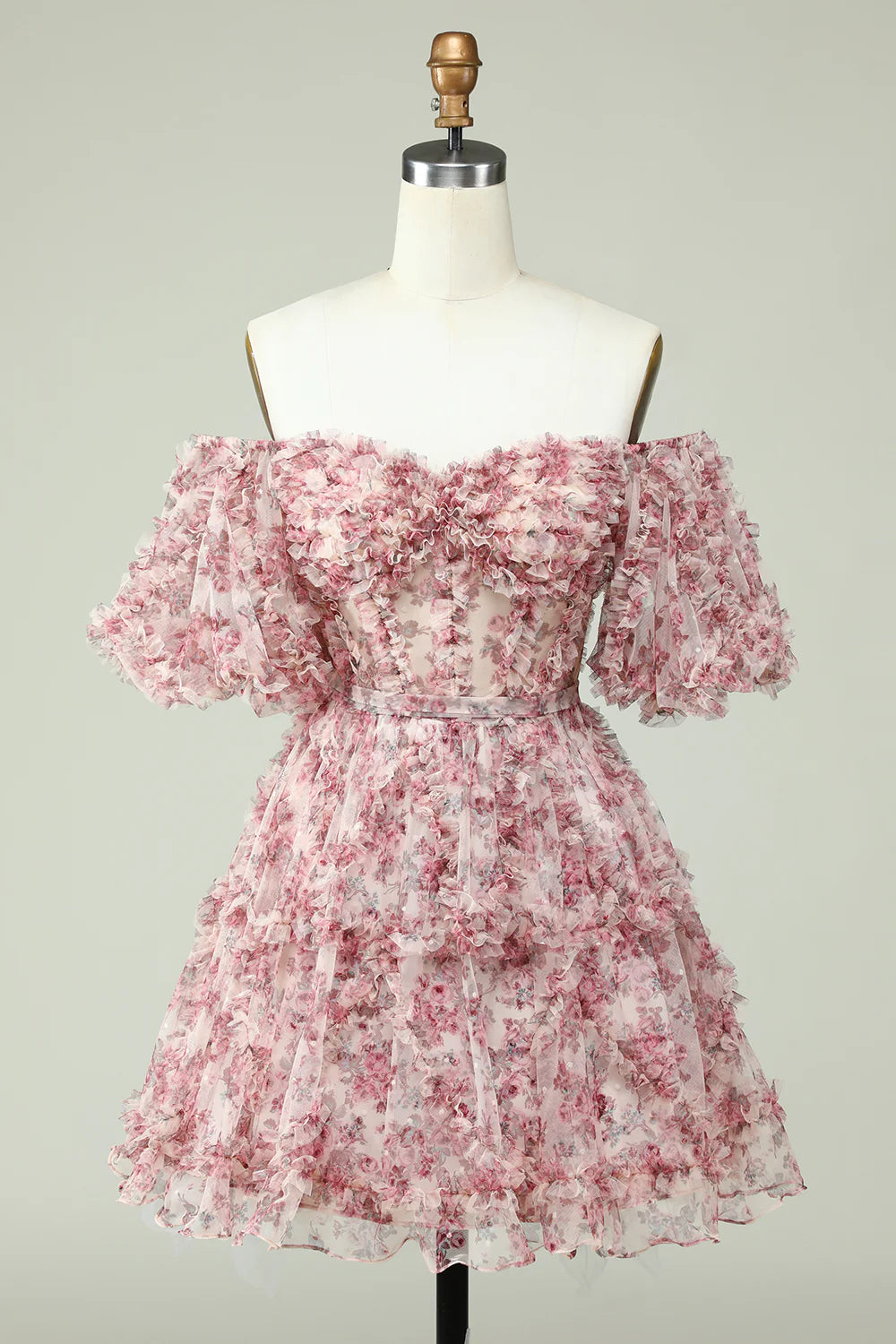 Fashion Off-the-shoulder Floral Design A-line Tiered Homecoming Dress TP3652