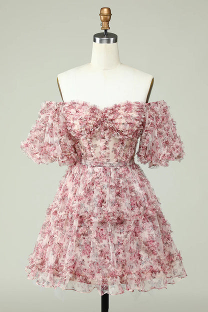 Fashion Off-the-shoulder Floral Design A-line Tiered Homecoming Dress TP3652