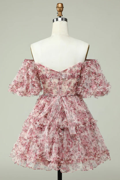 Fashion Off-the-shoulder Floral Design A-line Tiered Homecoming Dress TP3652