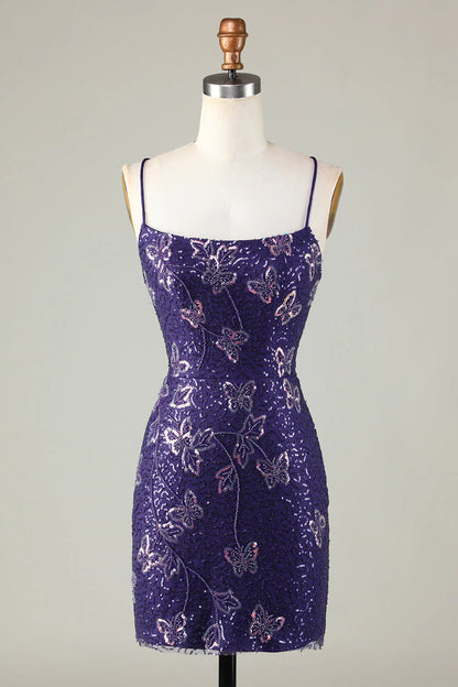 Charming Purple Sequin Design A-line Lace-up Spaghetti Strap Homecoming Dress TP3630