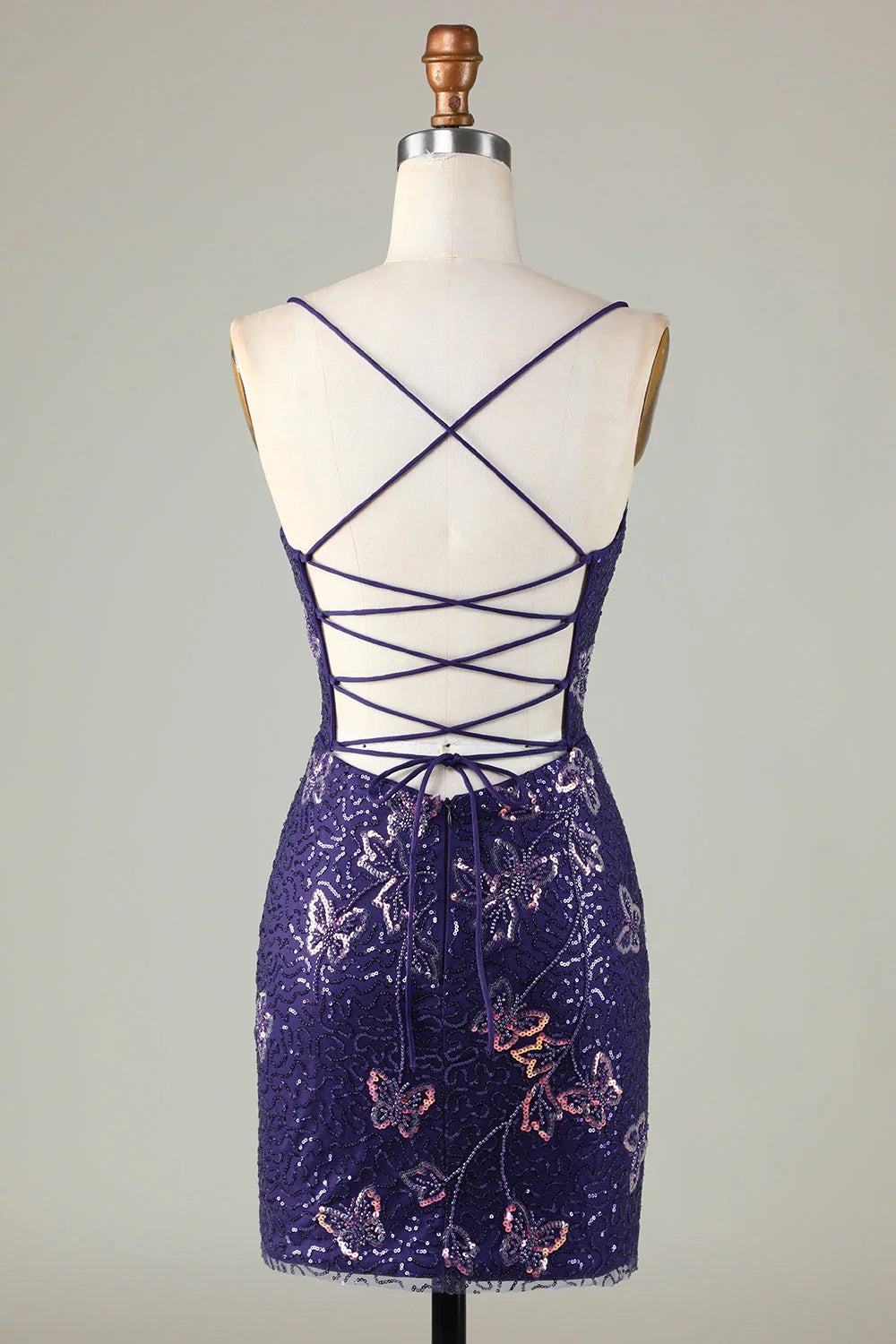Charming Purple Sequin Design A-line Lace-up Spaghetti Strap Homecoming Dress TP3630