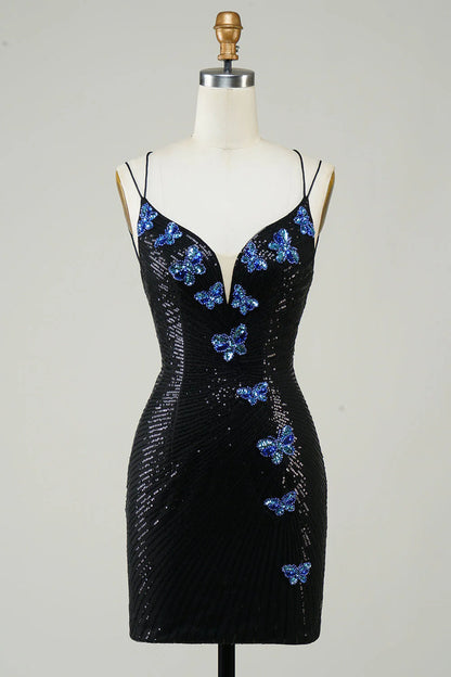 Charming Black Sequin Butterfly Pattern Design A-line Lace-up Spaghetti Strap Homecoming Dress TP3631