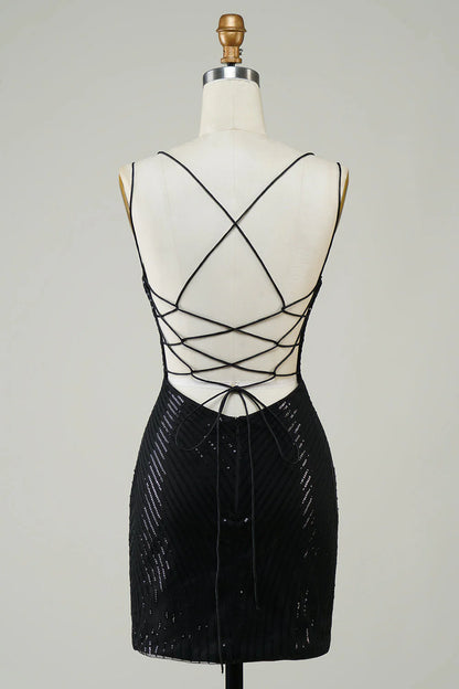 Charming Black Sequin Butterfly Pattern Design A-line Lace-up Spaghetti Strap Homecoming Dress TP3631