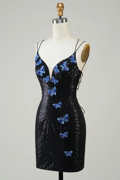 Charming Black Sequin Butterfly Pattern Design A-line Lace-up Spaghetti Strap Homecoming Dress TP3631
