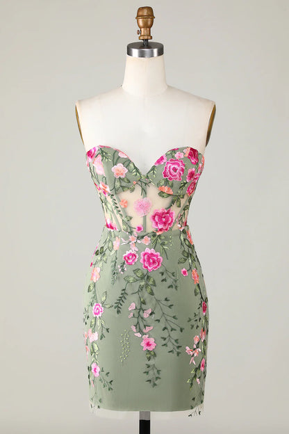 Fashion Sweetheart Green Backless Embroidery Design A-line Tight Homecoming Dress TP3650
