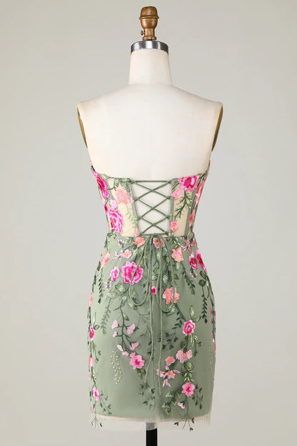 Fashion Sweetheart Green Backless Embroidery Design A-line Tight Homecoming Dress TP3650
