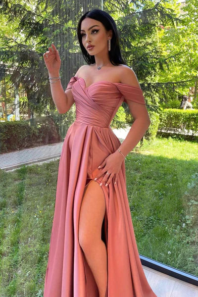 Elegant Pink Satin Sheath Sweetheart Off-Shoulder High Slit Evening Gown Prom Dress TP5230