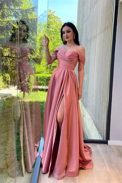 Elegant Pink Satin Sheath Sweetheart Off-Shoulder High Slit Evening Gown Prom Dress TP5230