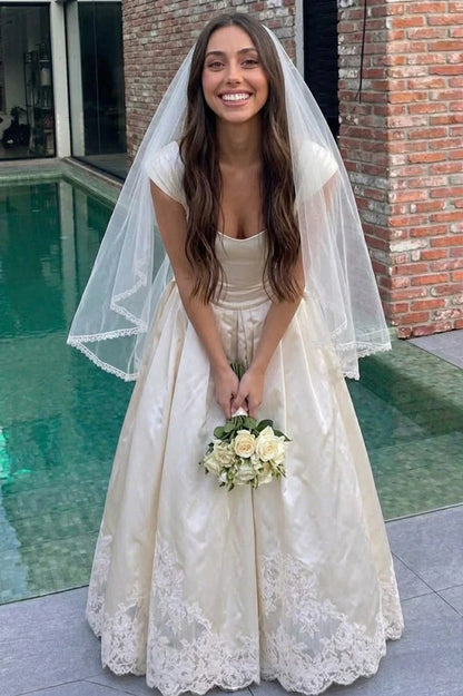 Vintage Ivory Satin Sweetheart Cap Sleeves Lace Hem A-Line Wedding Dress TP5814