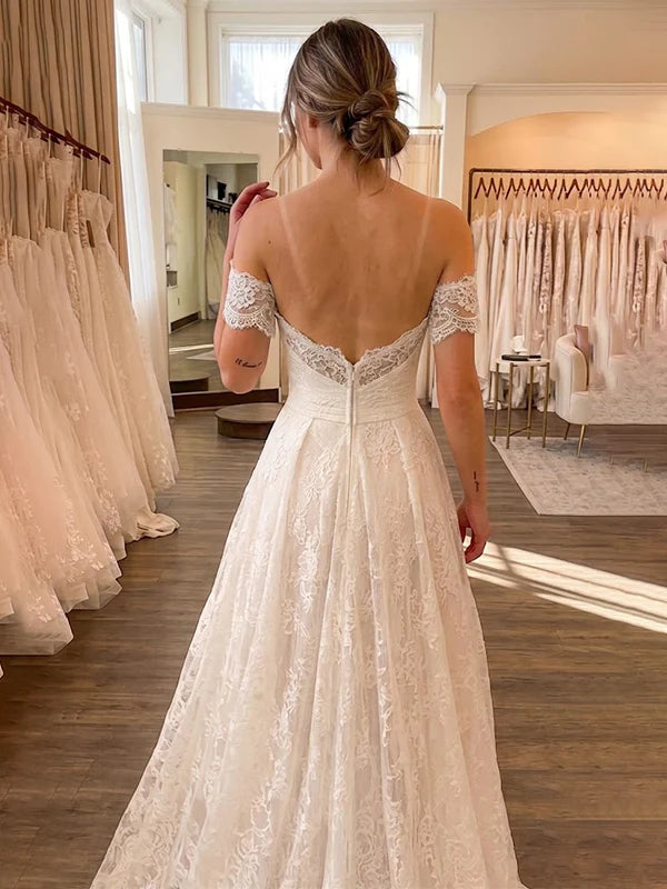 Vintage Off-the-Shoulder Floral Lace A-Line Ruched Bodice Chapel Train Wedding Dress TP6051