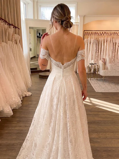 Vintage Off-the-Shoulder Floral Lace A-Line Ruched Bodice Chapel Train Wedding Dress TP6051