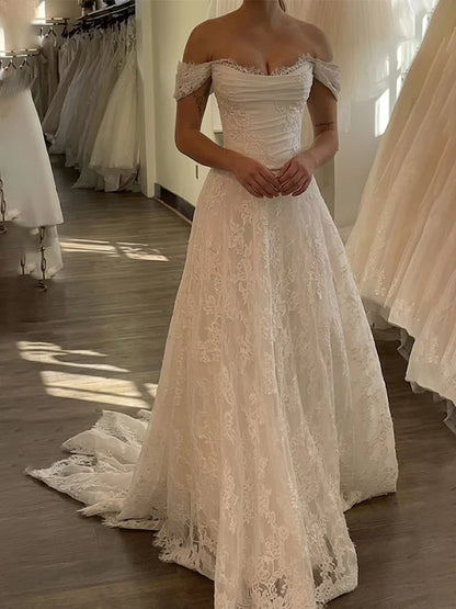 Vintage Off-the-Shoulder Floral Lace A-Line Ruched Bodice Chapel Train Wedding Dress TP6051
