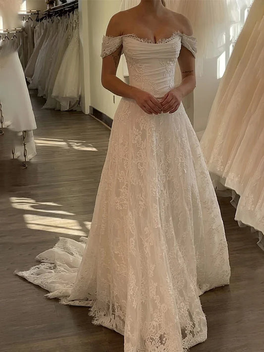 Vintage Off-the-Shoulder Floral Lace A-Line Ruched Bodice Chapel Train Wedding Dress TP6051