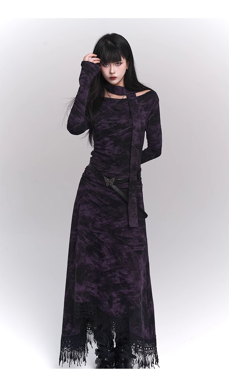 New Gothic Style Fashion Bell Sleeve Design Sense Long-sleeved Split Dress TP2932