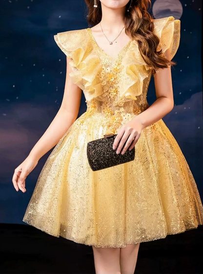 Elegant Golden Ruffle V‑Neck Tulle 3D Floral Appliques A-Line Homecoming Dress TP6103