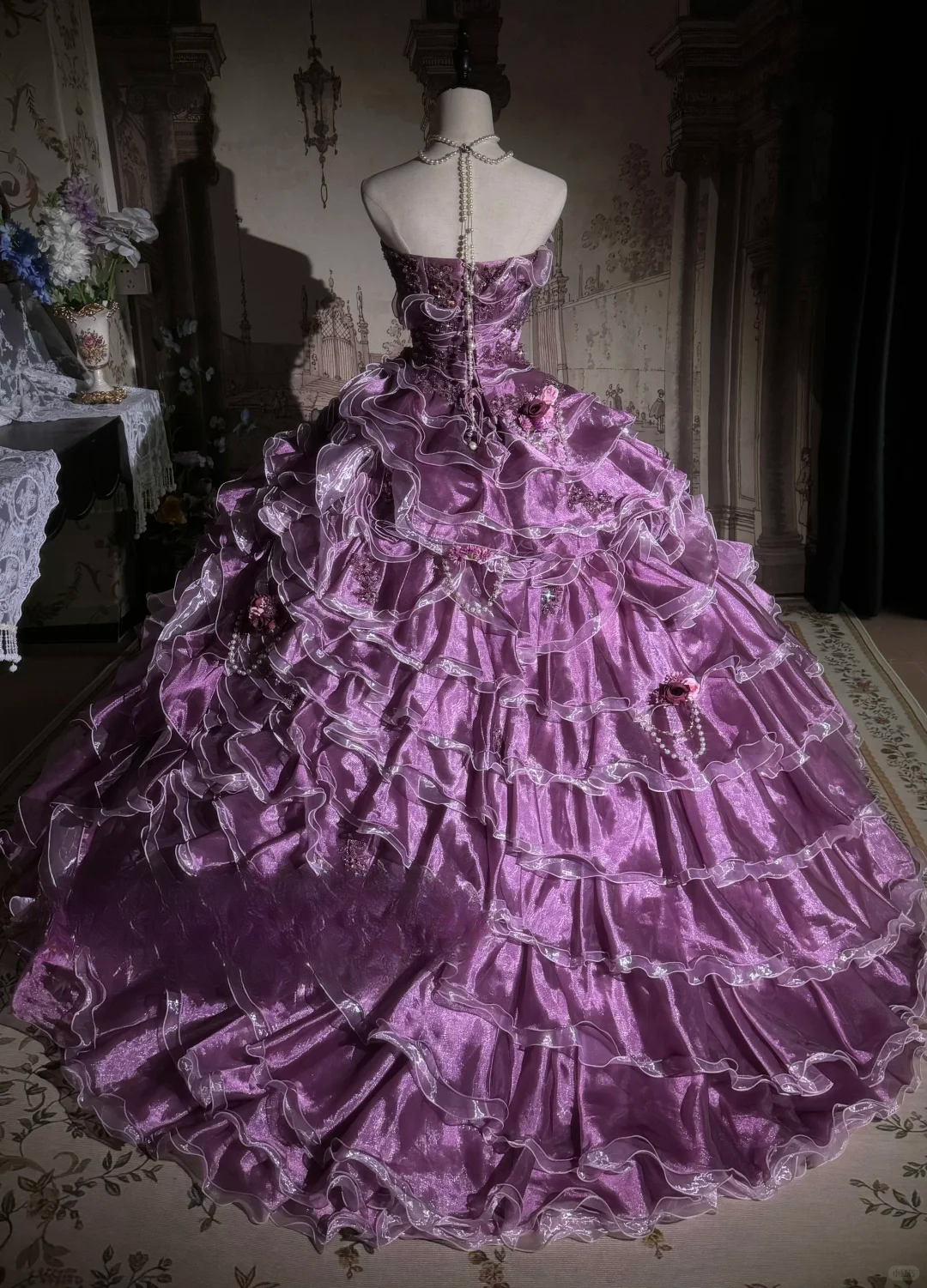 Elegant Lilac Strapless Ruffled Floral & Pearl Embellishments Layered Tulle Ball Gown TP5131