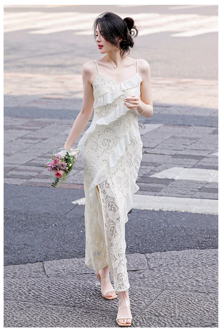 Vintage Fashion Beige Irregular Ruffled Hem Design Elegant A-line Spaghetti Strap Dress TP3354