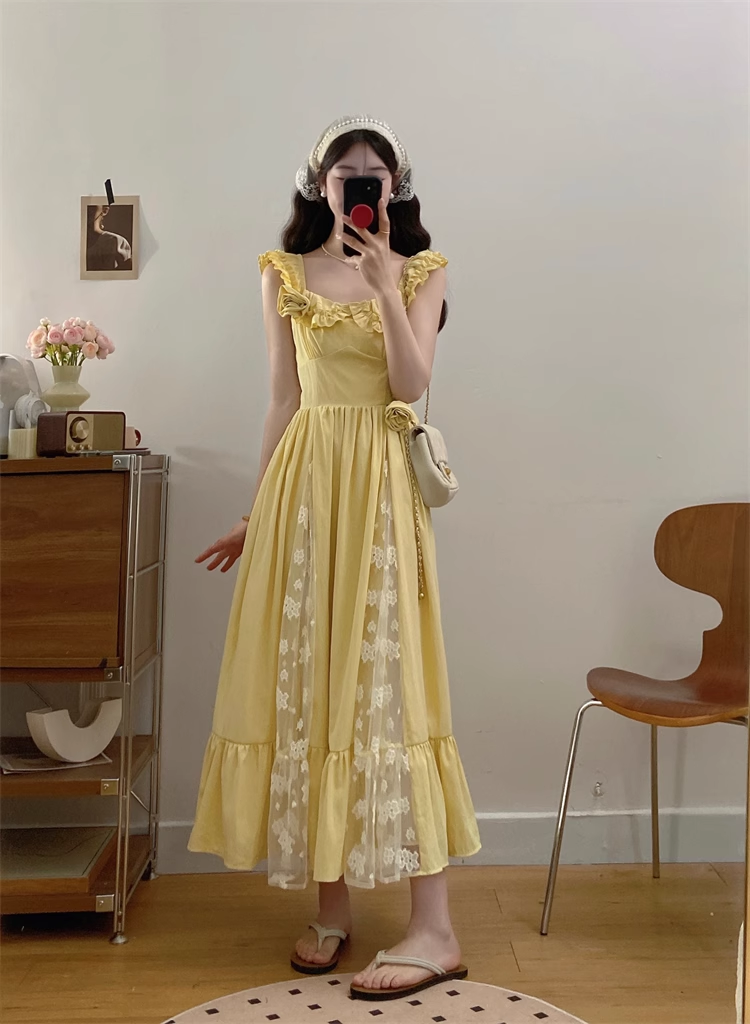 New Simple Fashion Yellow Floral Design A-Line Long Dress TP3043