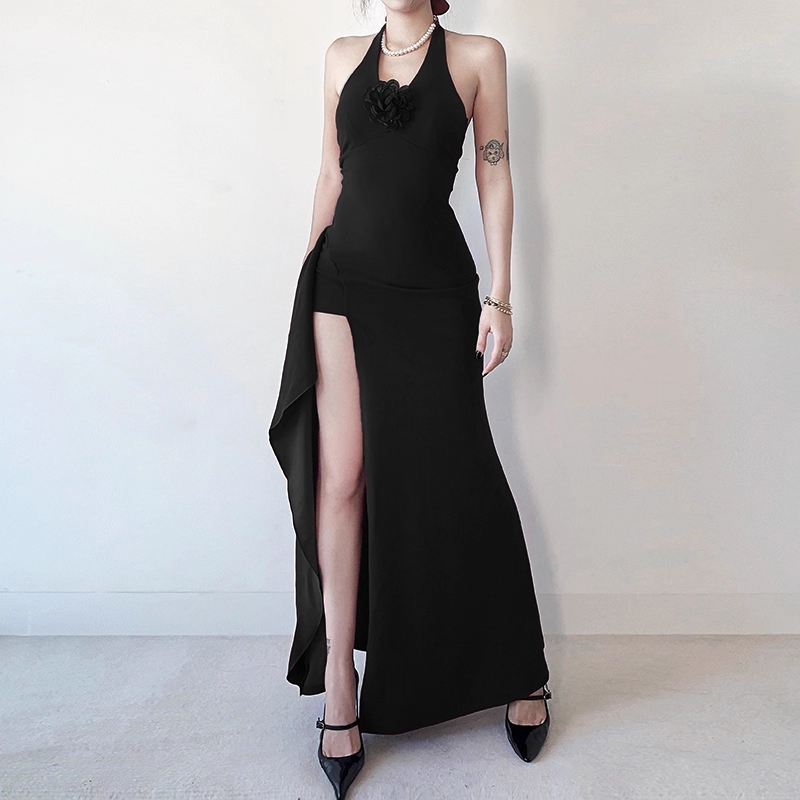 Retro Burgundy/Black Halter-neck 3D Flower Sheath High Slit Long Summer Dresses Prom Dress Evening Dress TP4360