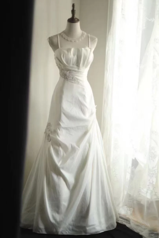 Elegant Satin Spaghetti Strap Beaded Draped A-Line Prom Dress TP5629