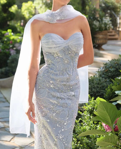 Enchanting Sequin Embellished Mermaid Evening Gown Detachable Chiffon Scarf Prom Dress TP5703
