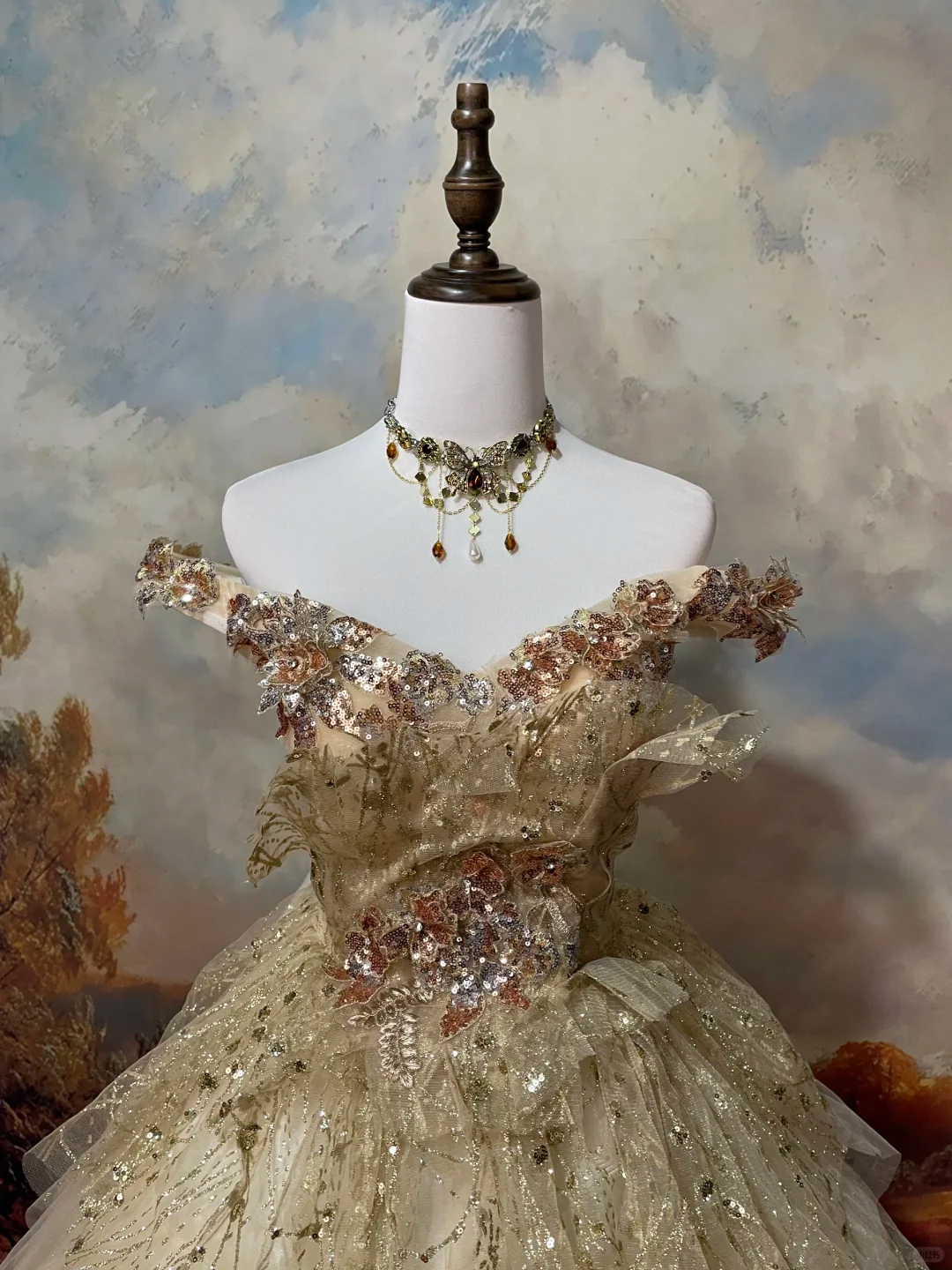 Glamorous Champagne Gold Sequin Off-Shoulder Beaded Tiered Tulle Sweet 15 Quinceanera Ball Gown TP5459