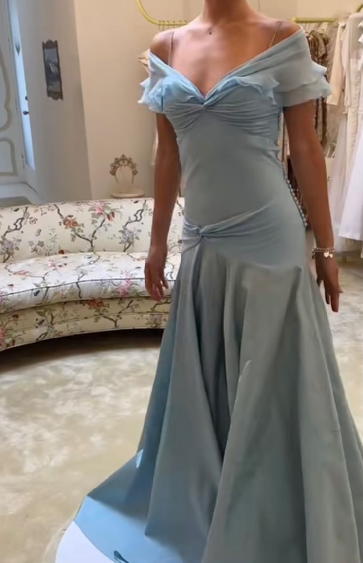 Elegant Light Blue Off-the-Shoulder Ruffled Prom Dress Evening Gown TP5730
