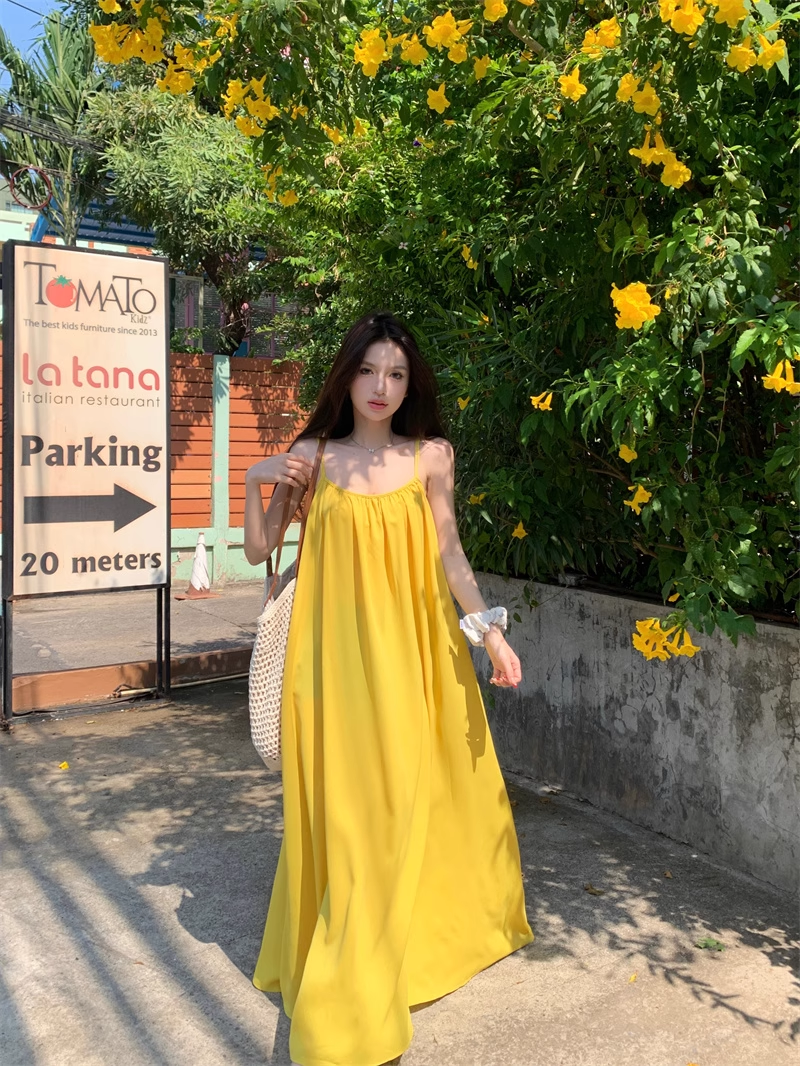 New Fashion Yellow Loose-fitting Design A-line Spaghetti Strap Dress TP3431