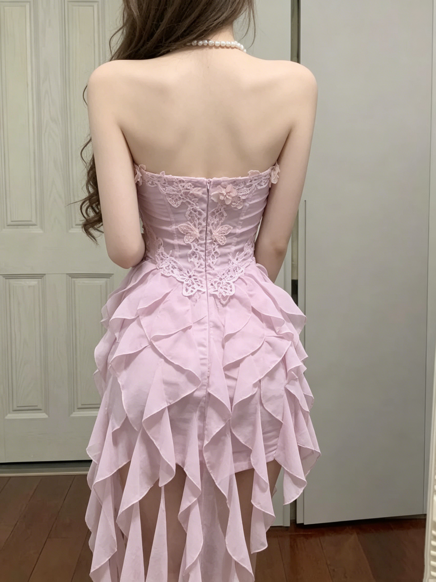 Vintage Pink Strapless 3D Floral & Butterfly Homecoming Dress TP5883