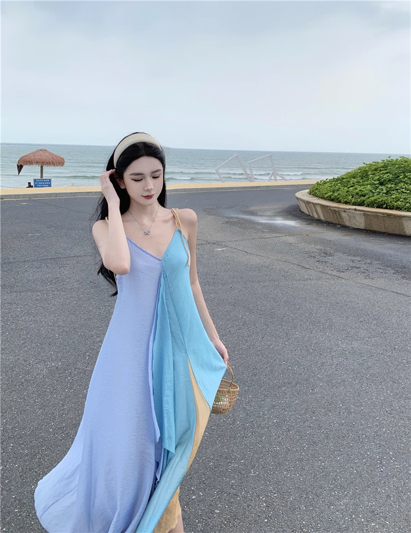 Simple Multi-color Splicing Design A-Line Casual V-neck Spaghetti Strap Dress TP3160