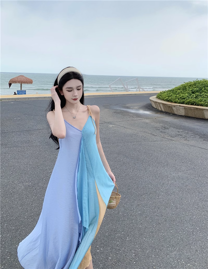 Simple Multi-color Splicing Design A-Line Casual V-neck Spaghetti Strap Dress TP3160