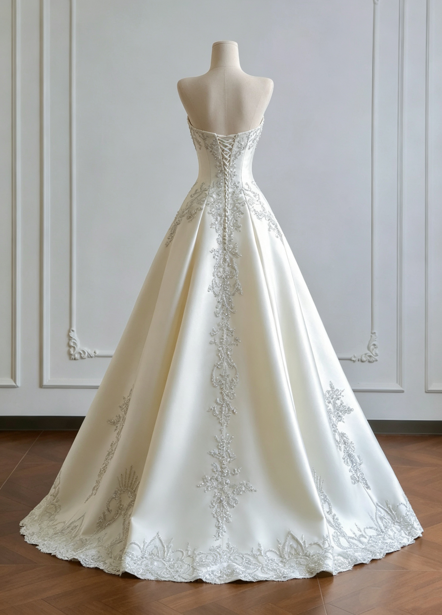 Elegant Strapless Satin Silver Beaded Lace Appliques Chapel Train A-Line Wedding Dress TP6130
