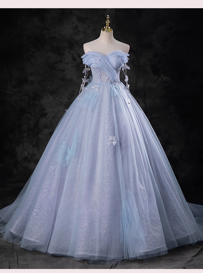 Elegant Sky Blue Applique Sweet 16 A-Line Sweetheart off-the shoulder Tulle Quinceanera Ball Gown TP5202