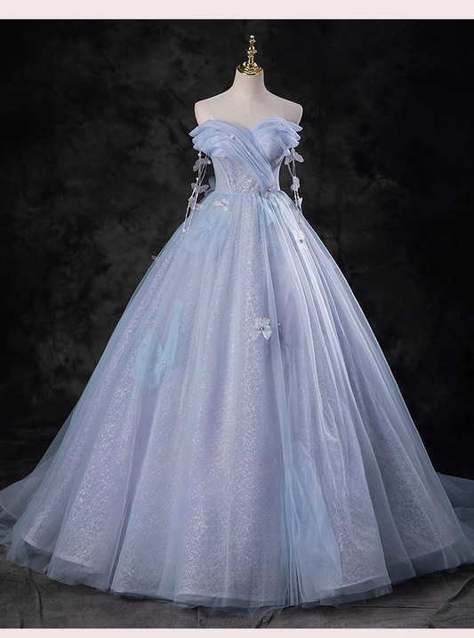 Elegant Sky Blue Applique Sweet 16 A-Line Sweetheart off-the shoulder Tulle Quinceanera Ball Gown TP5202