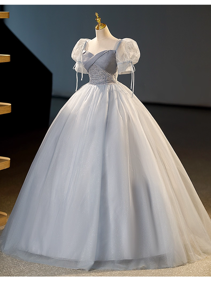 Elegant Dusty Blue A-Line Beaded Evening Gown Tulle Short-sleeved Party Dress Long Formal Dress TP4943