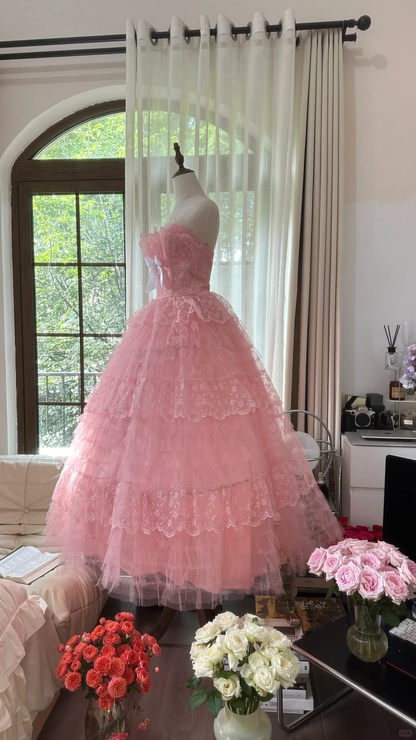 Vintage Pink Strapless Sweetheart Design Romantic Chiffon Tiered Evening Dress Prom Dress TP3994