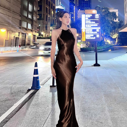 Elegant Shiny Satin Prom Dress Halter-neck Evening Gown Sheath Party Dress Long Formal Dress TP4843